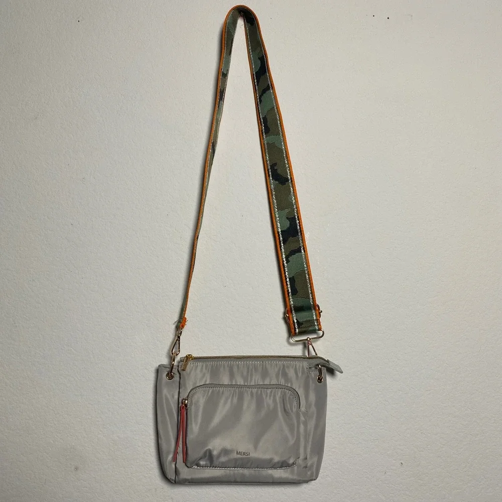 Mersi Crossbody‎ Bag Gray Nylon with Adjustable Camo Strap Zipper Purse